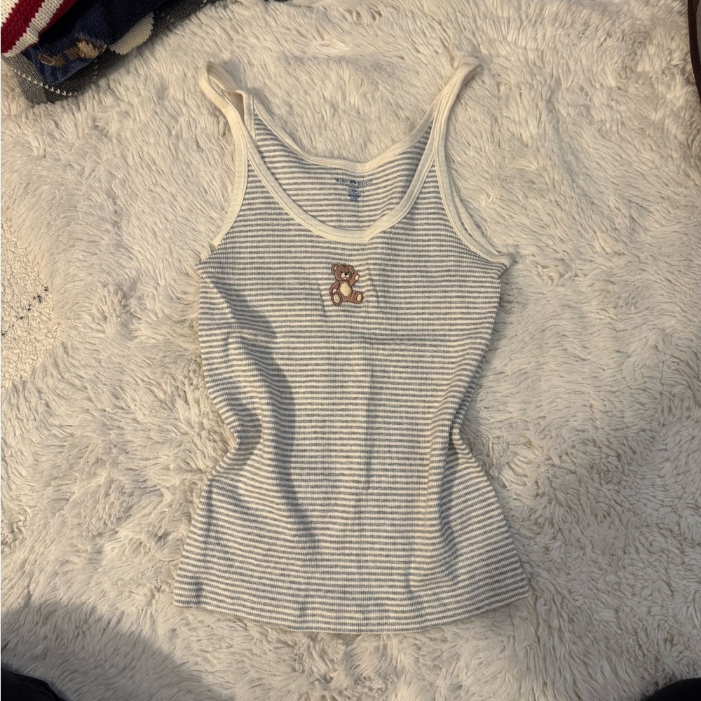 Striped Teddy Patch Tank Top - Gray & White